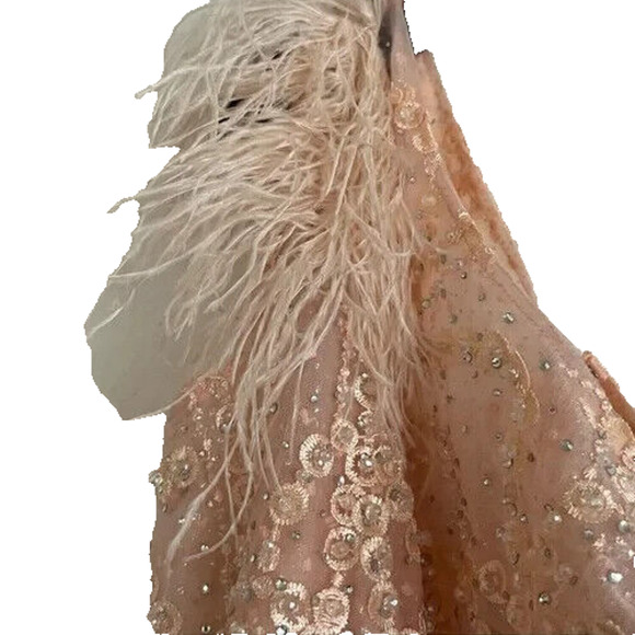 Mac Duggal Embellished One Shoulder Feather Accent Dress‎ Sz 2 Peach $798 NEW - Picture 6 of 9
